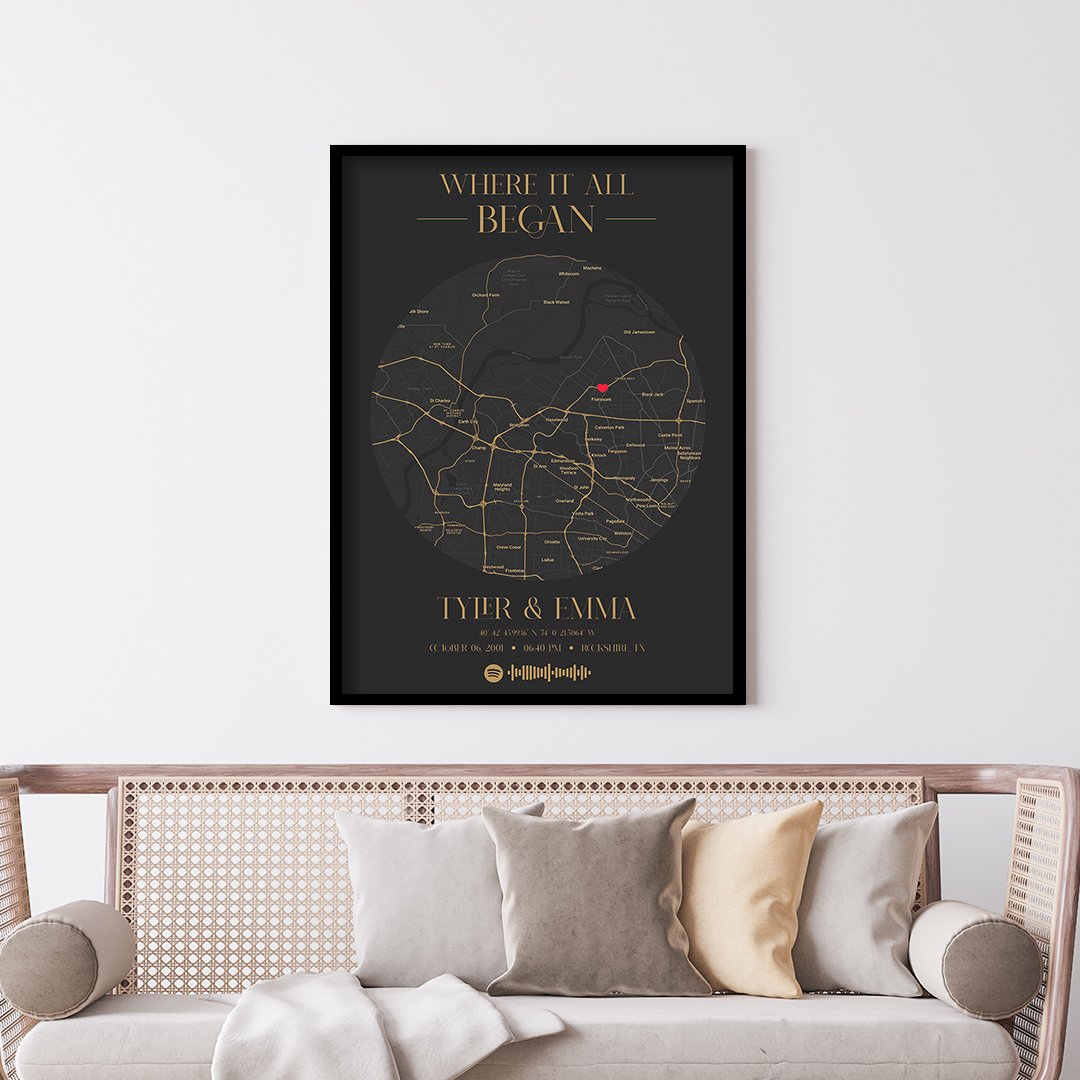 personalized memories put together on a map with spotify music frame