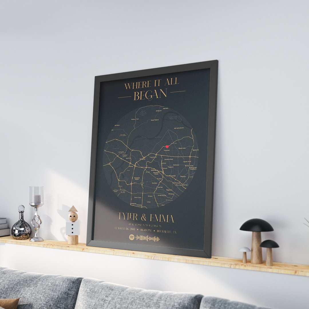 personalized memories put together on a map with spotify music frame