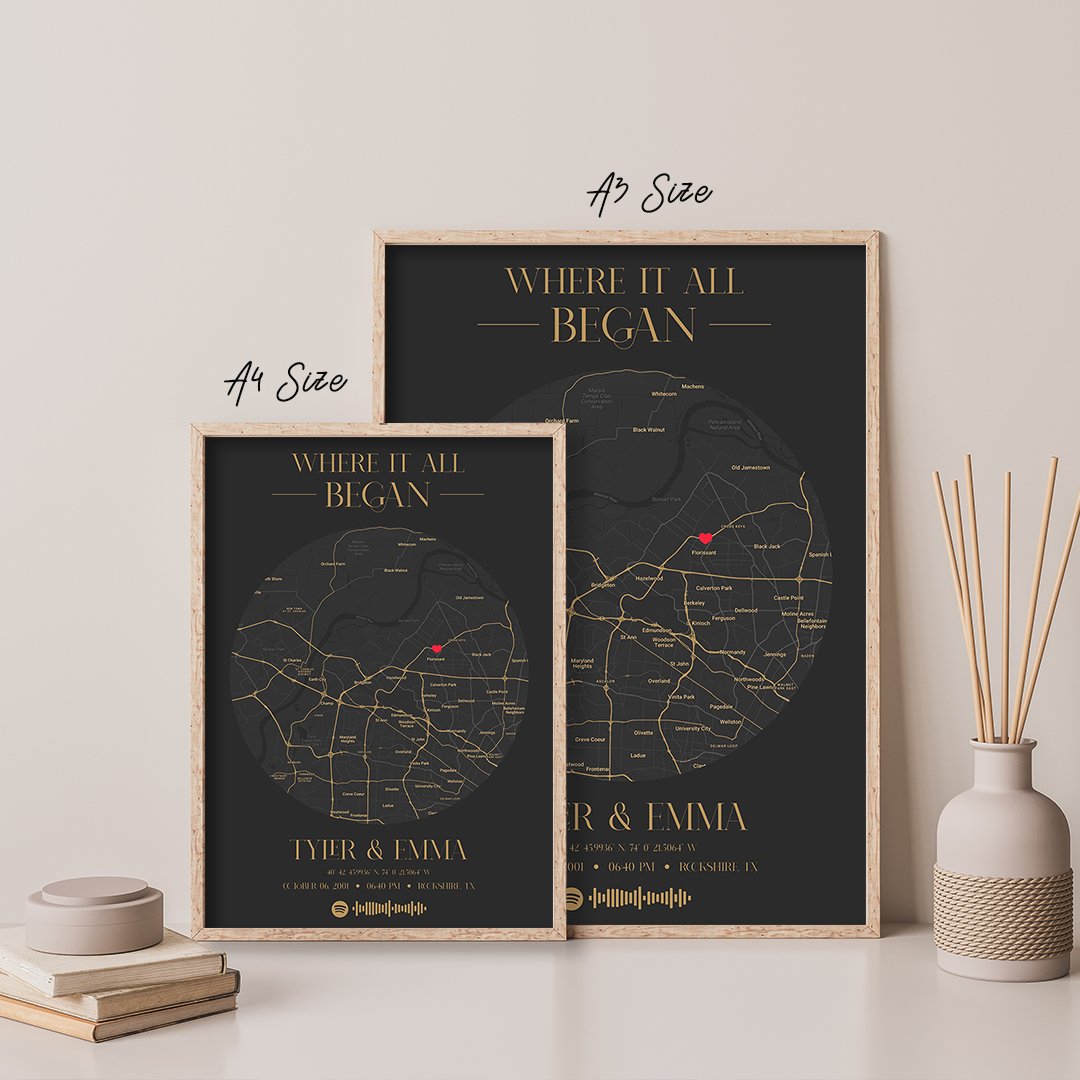 personalized memories put together on a map with spotify music frame