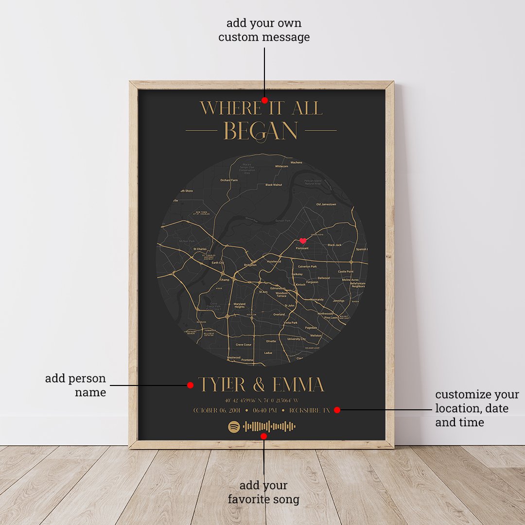 personalized memories put together on a map with spotify music frame