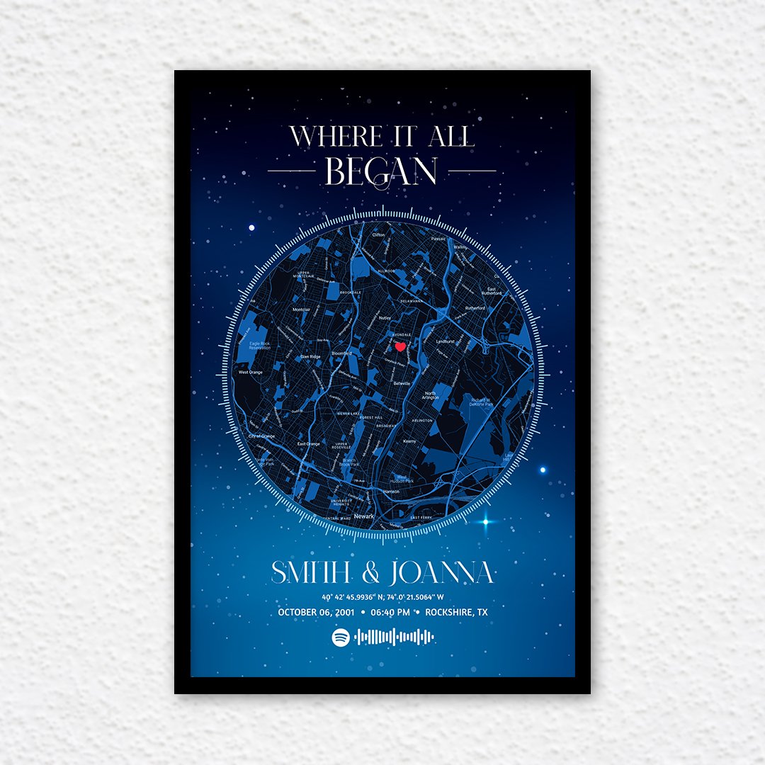 personalized memories put together on a map with spotify music frame